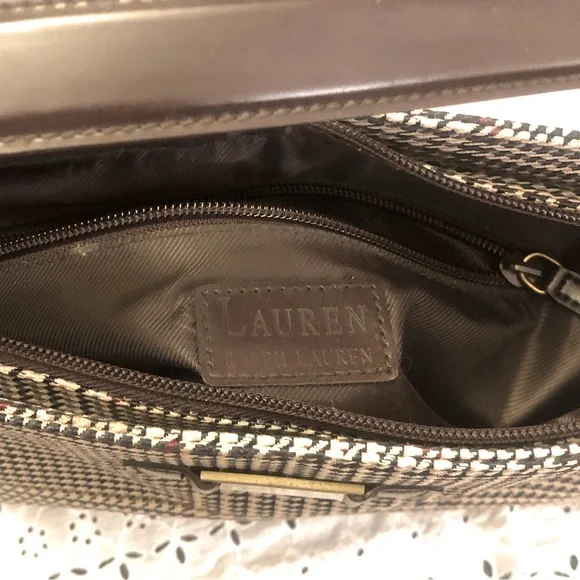 Lauren Ralph Lauren Brown Houndstooth Chevron Shoulder Strap Hand Bag - Picture 6 of 6